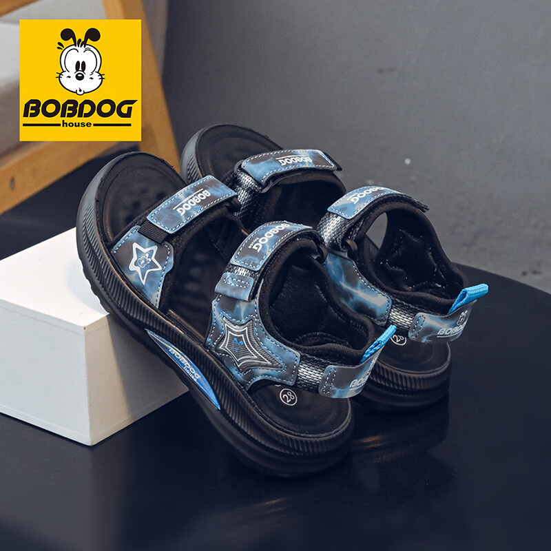 巴布豆(BOBDOG)童鞋2026儿童运动鞋凉鞋男童百搭沙滩鞋大童夏季新款透气鞋子 黑/绀蓝 31 适合脚长20.5cm