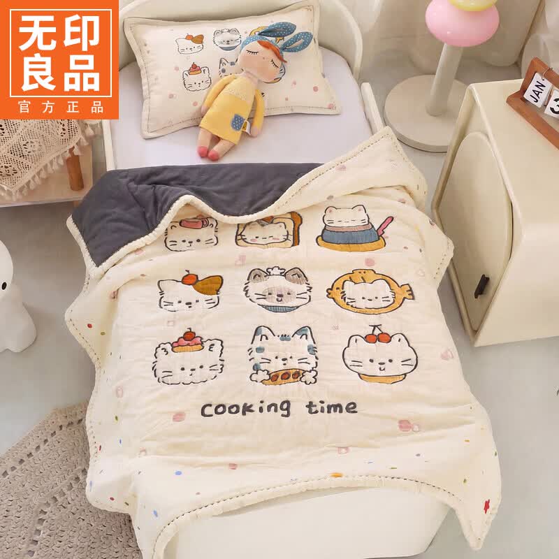 无印良品全棉纱布毛巾被纯棉儿童夏凉被幼儿园120x150宝宝午睡毯子空调毯 清风喵喵【亲肤柔软 吸汗透气】 120cm*150cm 单毛巾被
