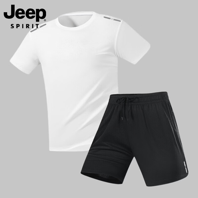 JEEP SPIRIT吉普男士冰丝速干套装夏季圆领t恤运动宽松短袖短裤两件短装 白色套装 XL