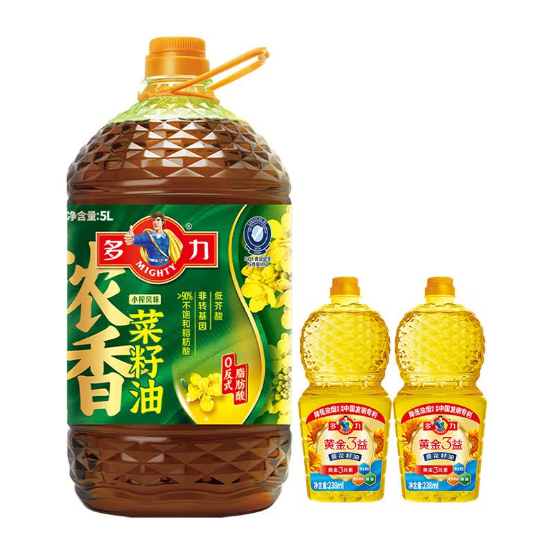 多力浓香菜籽油5L非转基因物理压榨食用油桶装家用 【赠小油】菜籽油5L+葵油238ml*2
