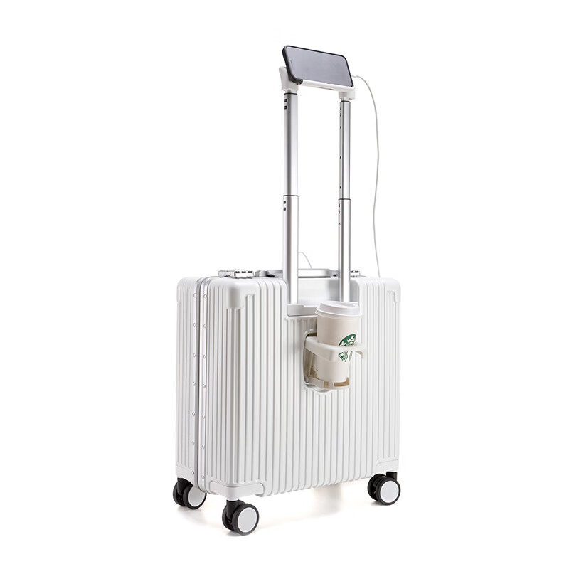 Walker Shop品牌行李箱18寸登机箱前开盖多功能万向轮轻便拉杆箱铝框旅行箱 白色 18英寸 横版【可登机 | 京东快递】