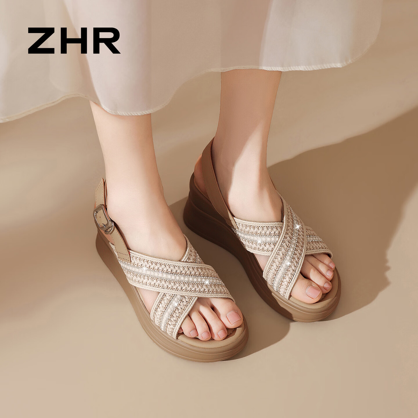 ZHR则则夏季凉鞋女新款度假风编织厚底坡跟女鞋配裙子女鞋 JF589杏色36