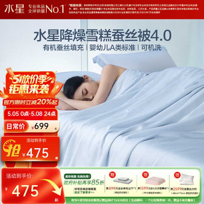 水星家纺被子空调被 夏凉被被子蚕丝被雪糕蚕丝可水洗双面双感夏被 雪糕蚕丝被【双面双感/婴幼儿A类】水光蓝 150cm*200cm
