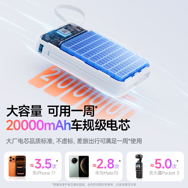 VENIDER【热销1000W+丨2025年新款小方块】充电宝国家3C安全认证可上飞机高铁小巧自带双线适用于苹果华为 【云汀蓝-升级Pro版丨自带线10000mAh】 10000毫安大容量丨最新国标3C认证丨双线闪充