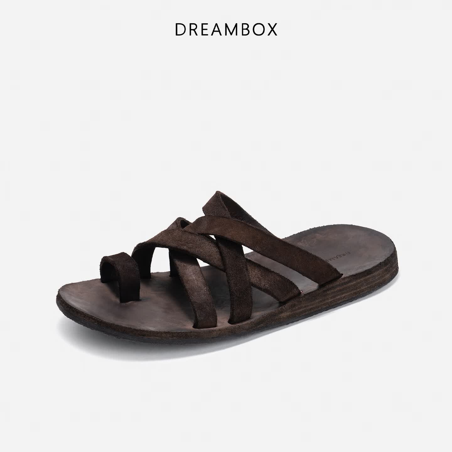 DREAMBOX水洗马皮平底罗马凉鞋2026夏季新款透气舒适夹趾拖鞋 核桃色 34 女码