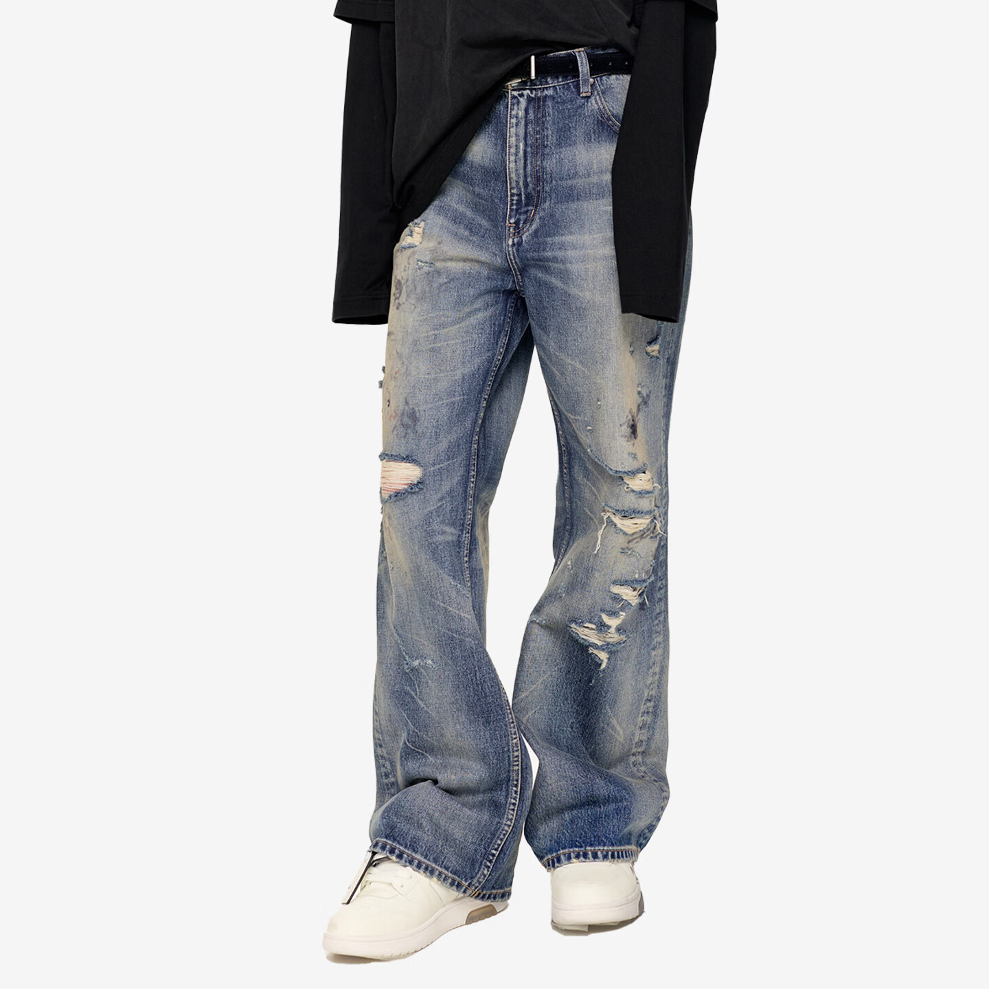 OFF WHITE™夏季情侣装新款破洞牛仔裤时尚街头磨白做旧男士长裤 彩蓝色 XL