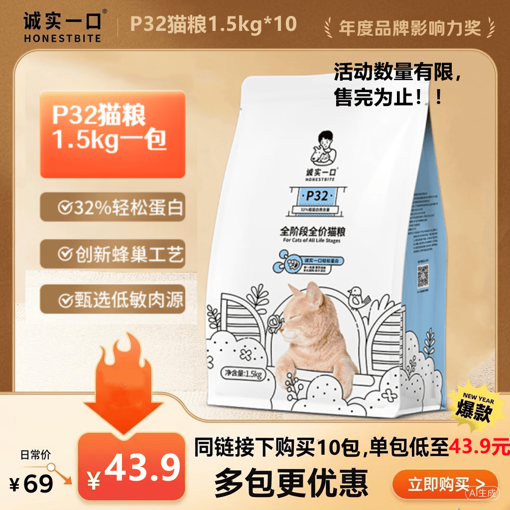 诚实一口P32猫粮1.5kg*10包