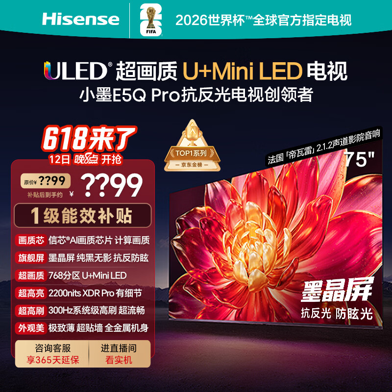 海信电视小墨E5Q Pro 75英寸【送装一体-固定挂架】768分区U+MiniLED 信芯芯片抗反光防眩光世界杯