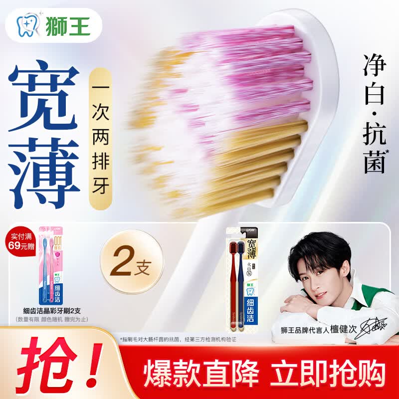狮王（Lion）细齿洁宽薄火山炭宽头软毛牙刷日本研发成人深洁齿缝刷净智齿情侣 宽薄火山炭牙刷* 2支 (两支/板*1）