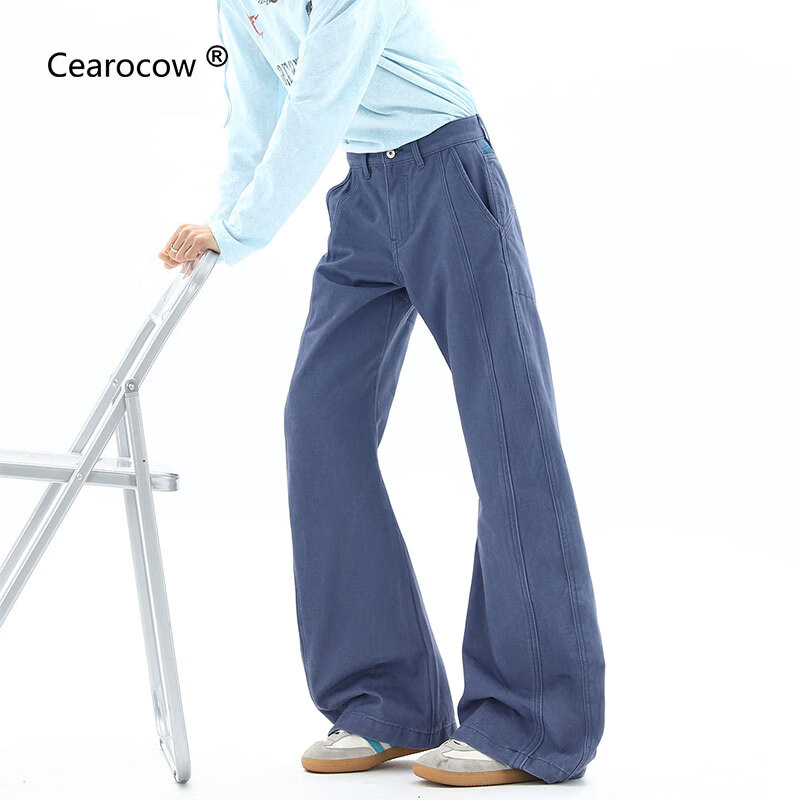 CEAROCOW优雅蓝法工水洗工装裤高街cleanfit痞帅微喇直筒裤子男女春季潮牌 法工蓝色 XL 【建议135-145斤】 京东折扣/优惠券