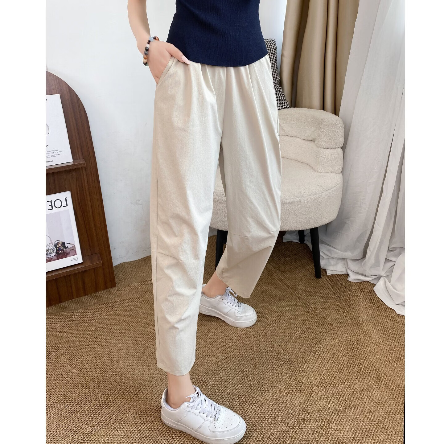 浪莎冰丝速干裤女夏季新款小个子休闲裤宽松凉感运动裤薄款九分哈伦裤 卡其色 【冰丝凉感不闷热】 XL 【推荐121-135斤】