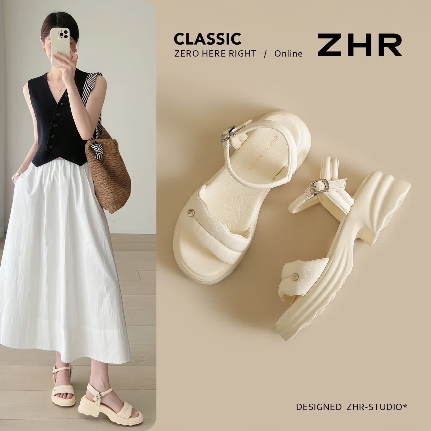 ZHR则则厚底凉鞋女夏季外穿一字带女鞋2026新款软底增高小个子M662米色36