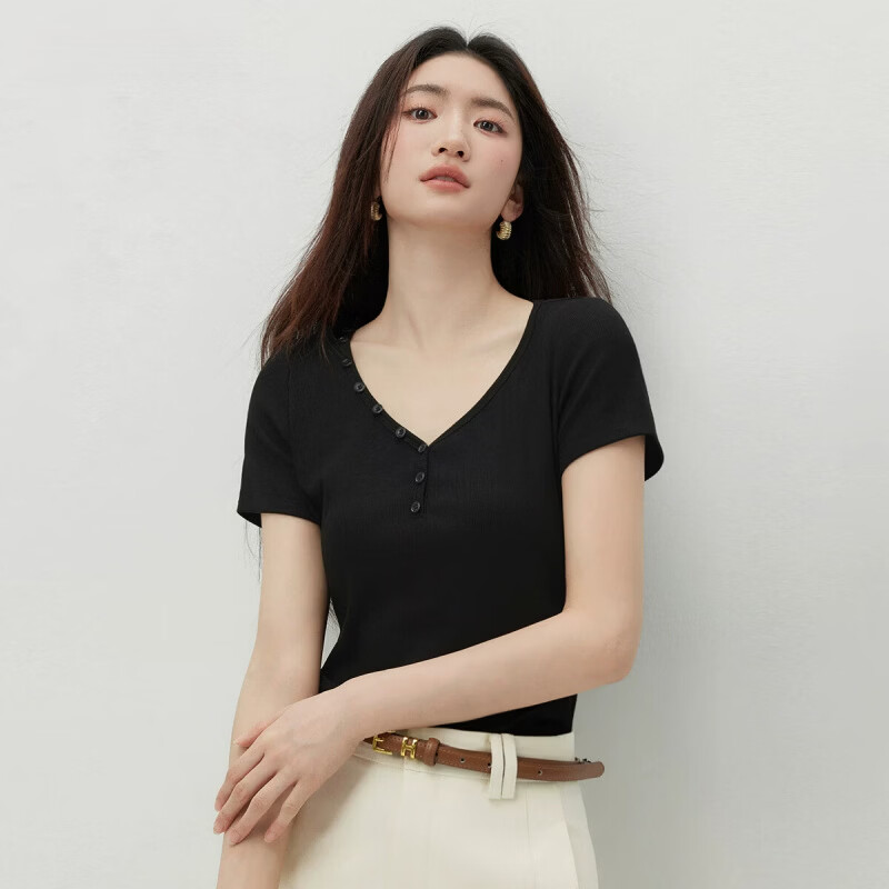 塔驰密司（touchmiss）心型领短袖t恤女2026夏季新款百搭显瘦气质修身黑色上衣女装 黑色 S 155/80A