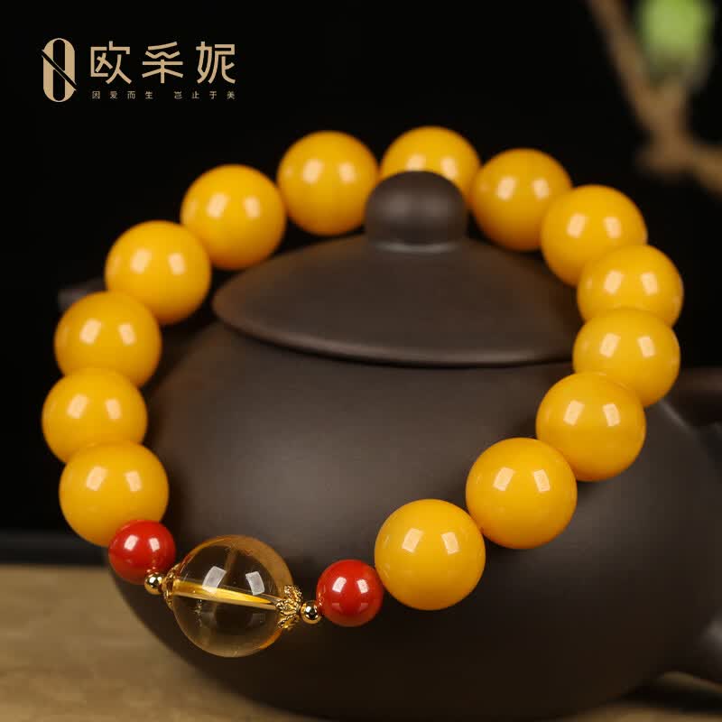 欧采妮（OUCERNY）蜜蜡手串天然琥珀原石配朱砂黄水晶大单珠多宝设计diy手链送礼物 设计diy款 一物一证