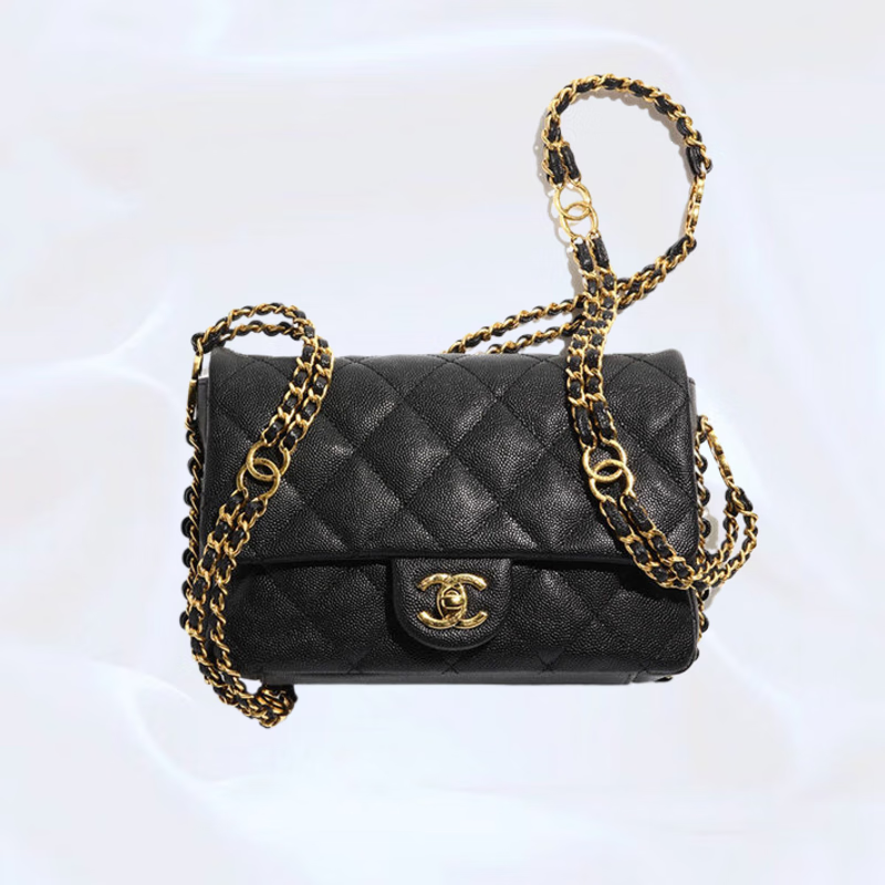 香奈儿(chanel)女包现代精致金色金属徽标扣黑色菱格纹绗缝小牛皮翻盖