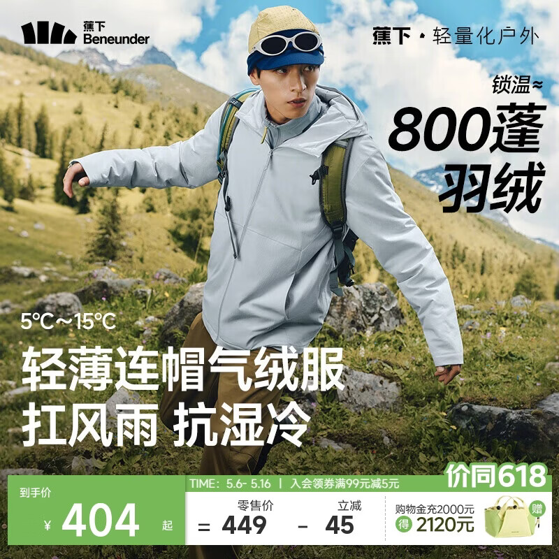 蕉下（beneunder）气绒服男士秋冬季保暖连帽轻薄夹克外套户外CL233薄灰蓝XL