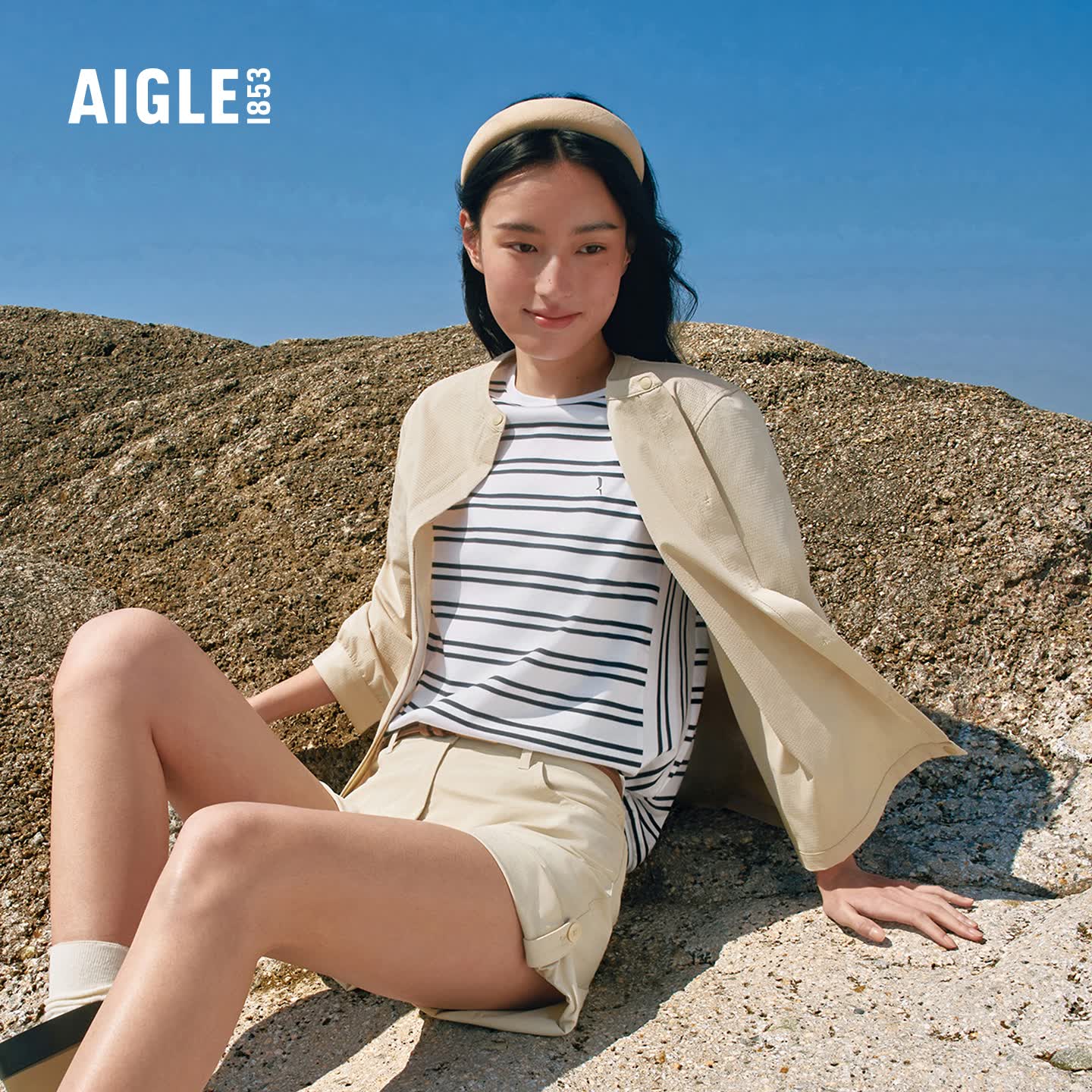AIGLE【26年春夏新品】艾高女士休闲T恤户外防晒速干七分袖T恤上衣BY80 帝国深蓝条纹 BY801 40 (170/92A)
