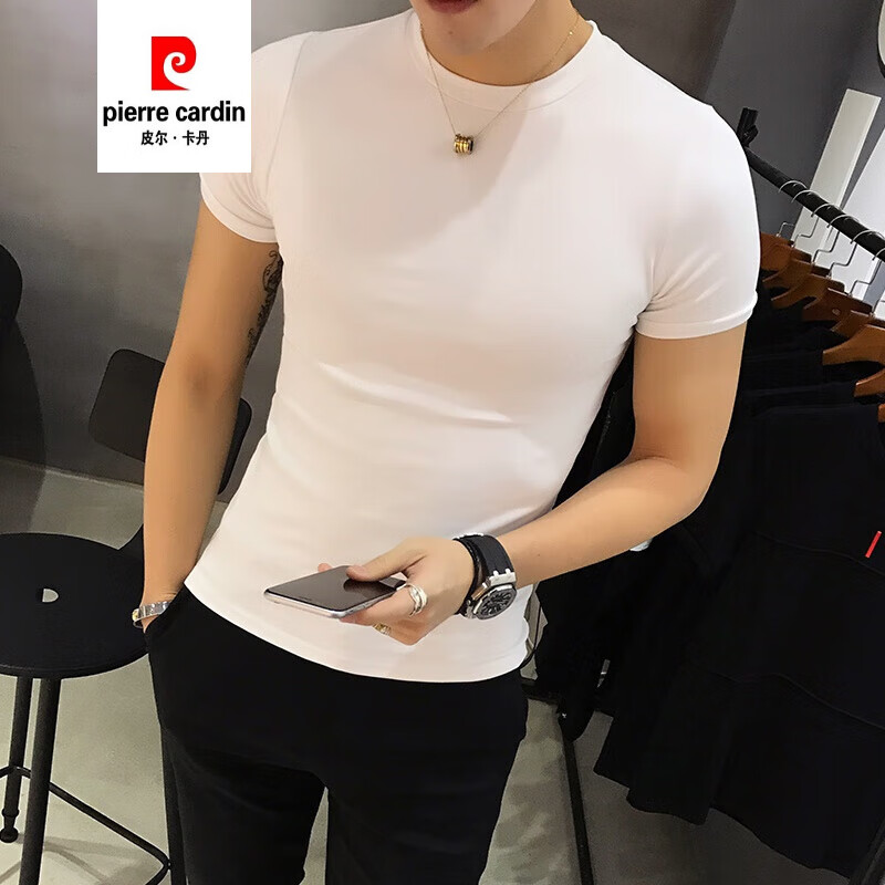 皮尔卡丹（pierre cardin）半袖男士T恤短袖修身打底衫纯棉弹力韩版纯色紧身体恤圆领t恤男潮 白色 2XL (145斤以内)