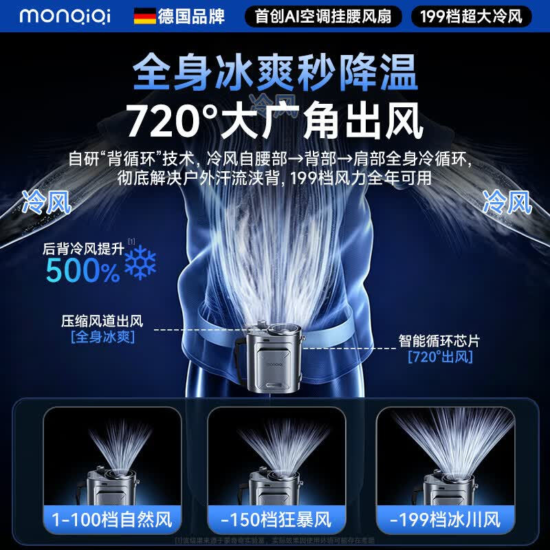 蒙奇奇(monqiqi)【1秒速冷丨强力冰敷空调】挂腰风扇随身便携式小风扇降温神器户外超大风力超长续航挂脖制冷空调 顶配版【半导体制冷片丨50 H长续航丨冰敷空调风】 强劲冰风急速散热丨199档冷风丨智能数显