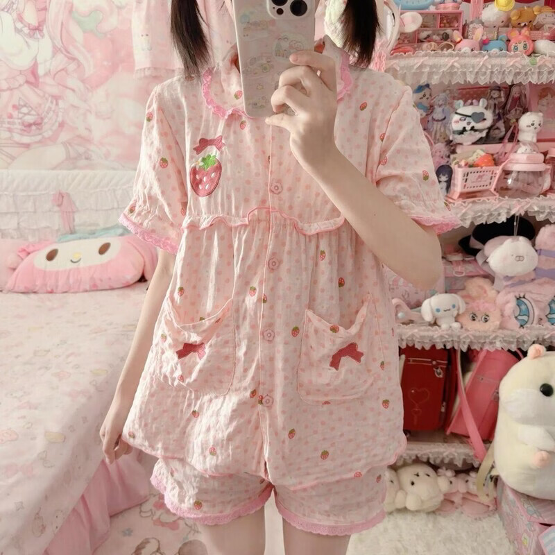 花边娃娃领波点草莓睡衣女夏季新款短袖短裤学生家居服套装可外穿 tany4374-波点草莓【套装】 均码 袜子一只（不是睡衣）