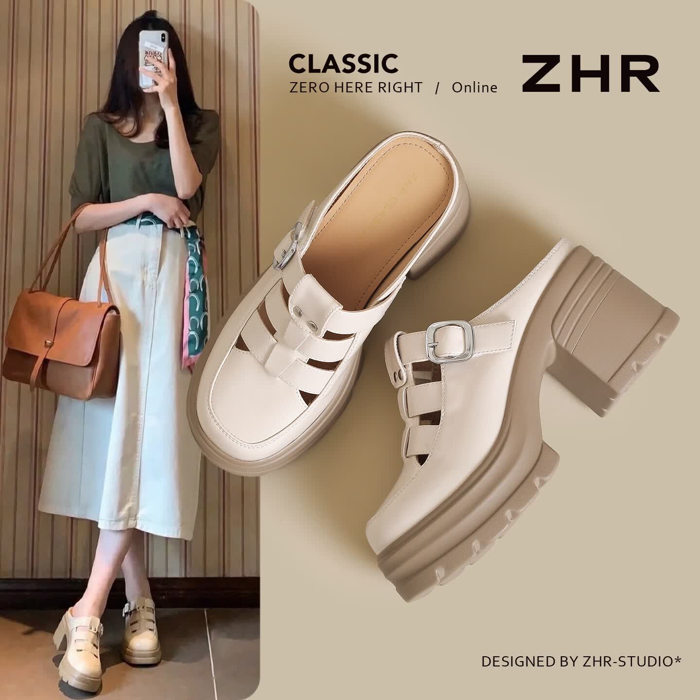 ZHR则则包头半拖鞋女2026夏季增高罗马凉鞋不累脚高跟鞋女 MH15米色37