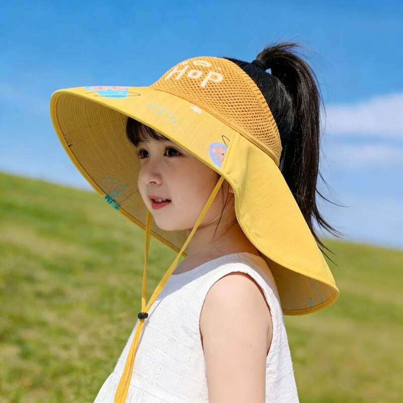 G.duck小黄鸭儿童防晒帽男女童夏季大檐遮阳帽女孩可扎马尾透气户外空顶 星球-粉色 3-13岁帽围48-56cm可调节