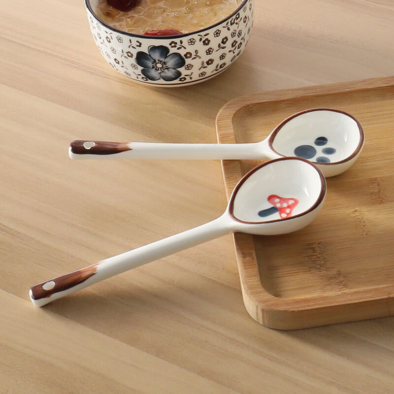 PJ陶瓷勺子家用小汤勺长柄日式高颜值喝汤专用圆头盛汤舀粥调羹勺 混色5个装