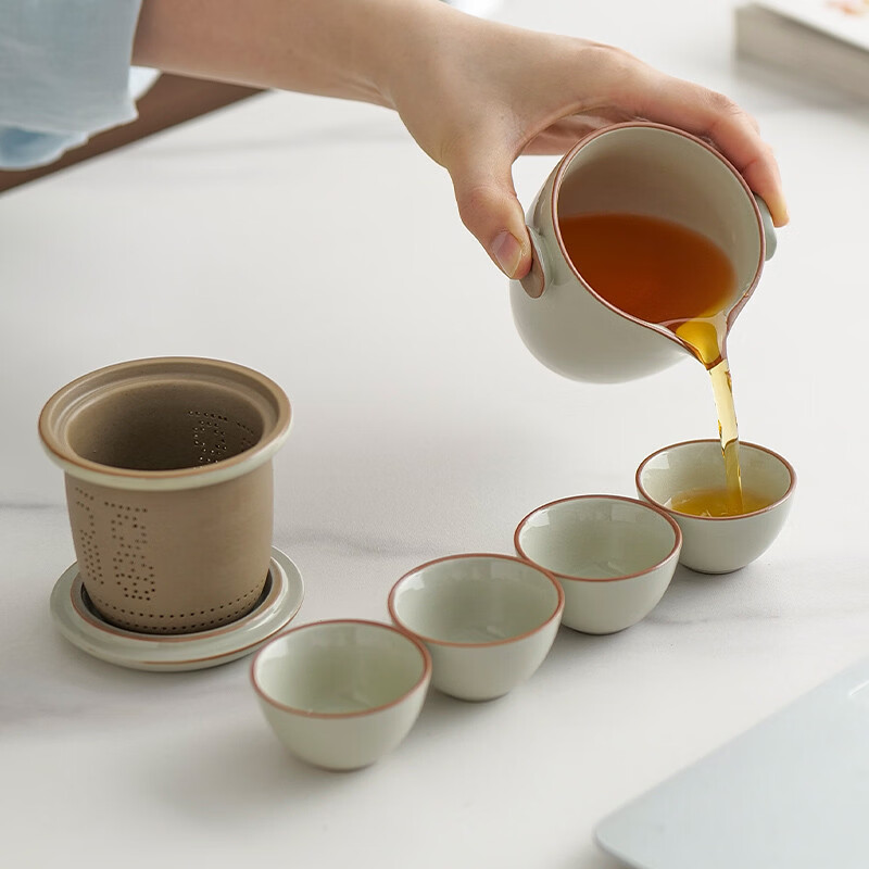 溥畔汝窑旅行茶具套装便携式快客杯户外露营泡茶壶功夫茶杯一人饮茶具 米黄汝窑小菊朵手抓壶单壶