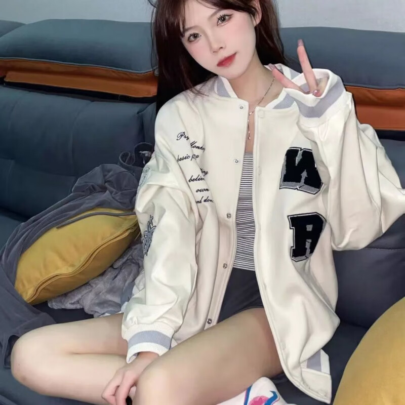 服女潮ins春秋款2023年新款字母拼接情侣冬外套 杏色 m 建议90-107斤