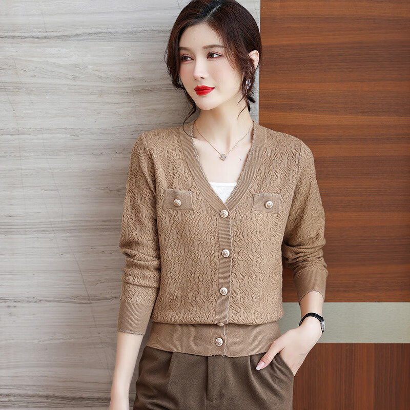 针织开衫女v领短款毛衣薄款女秋季早秋新款小香风外套洋气外搭 驼色 m