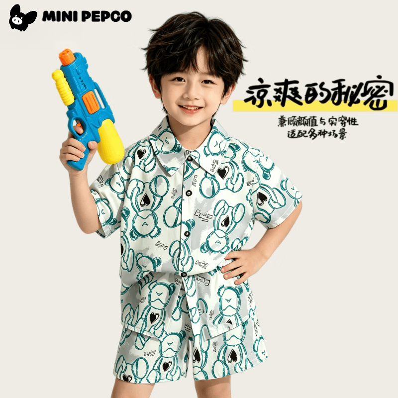 小猪班纳(PEPCO)儿童套装新款韩版短袖短裤衬衫两件套海滩 衬衣套装黑桃熊 100 cm 京东折扣/优惠券