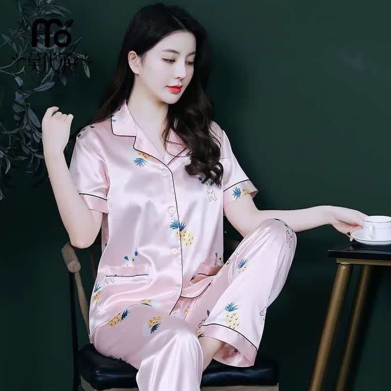 莫代尔睡衣女春夏季薄款短袖冰丝女士休闲大码家居服两件套装夏天可外穿 短长粉红彩虹糖 L 适合106-115斤