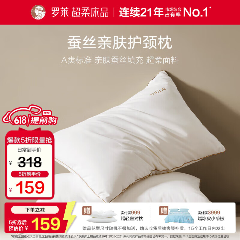 罗莱家纺枕头枕芯A类蚕丝可水洗护颈纤维对枕 白47*73
