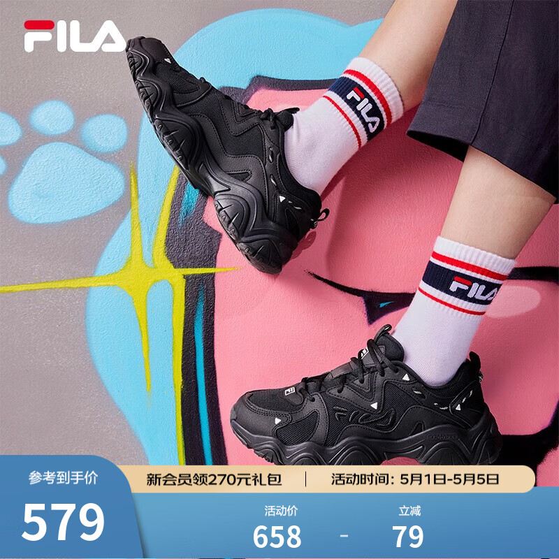 FILA 斐乐猫爪鞋4代女鞋老爹鞋情侣运动鞋复古时尚休闲鞋网面透气 【女款】黑-BK 39