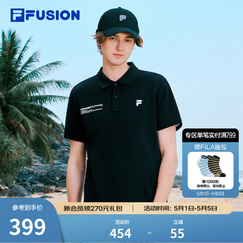FILA FUSION斐乐潮牌男子针织短袖POLO衫夏新款时尚休闲上衣 正黑色-BK L 175/96A/L