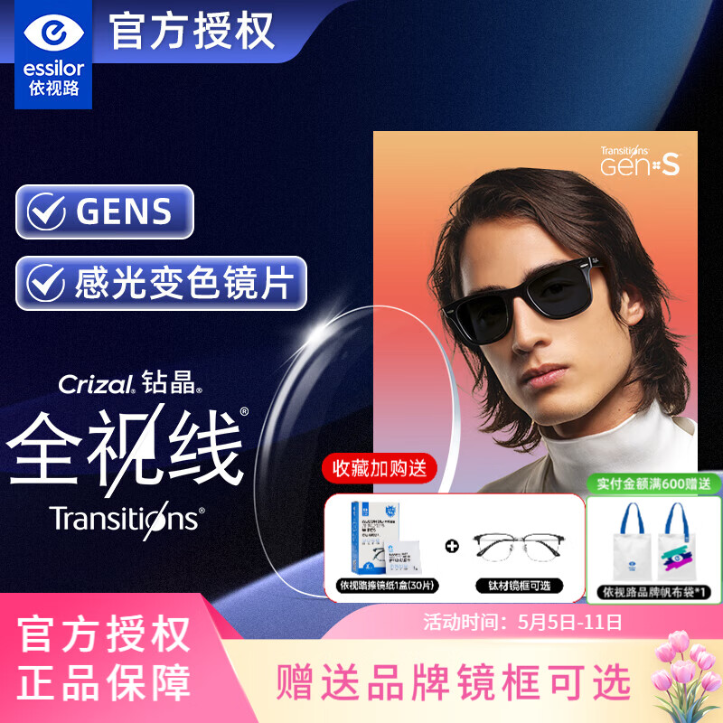 依视路（ESSILOR）镜片钻晶A4 膜御爱赞膜致防蓝光膜岩非球面1.60配眼镜 近视眼镜片 依视路GEN S变灰色膜洁现片 1.60薄（2片）+送镜框