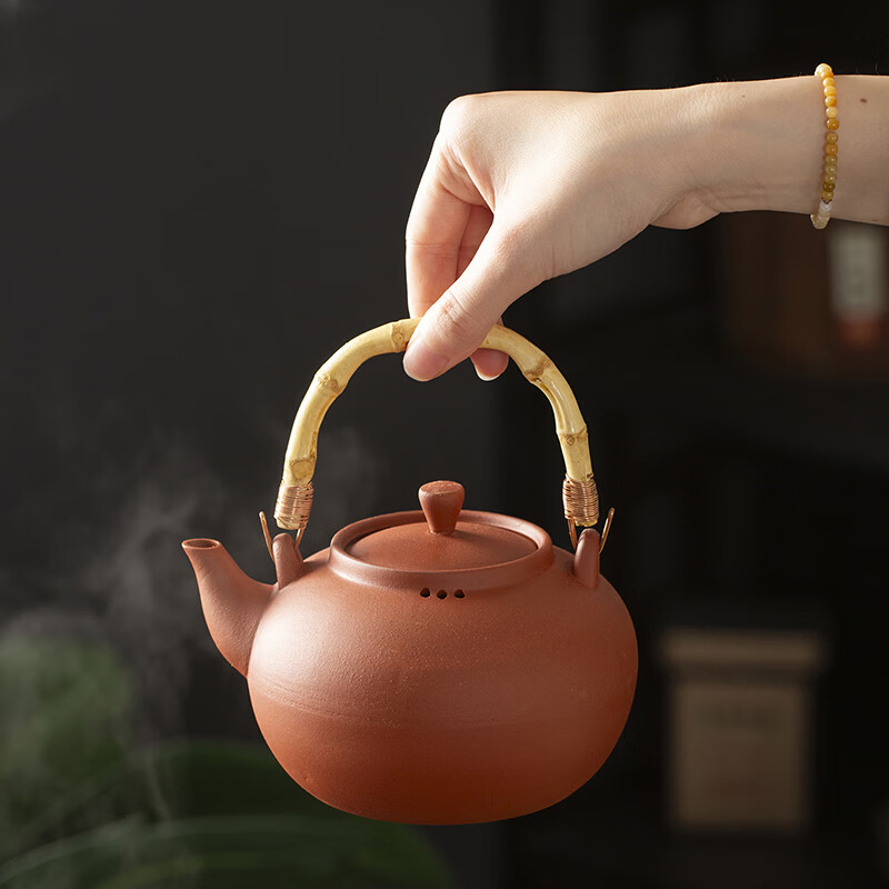 澳古原矿红泥养生烧水煮茶壶提梁壶中式简易户外铁艺酒精植物油煮茶炉 煮茶炉+红色提梁壶 540ml 不可干烧