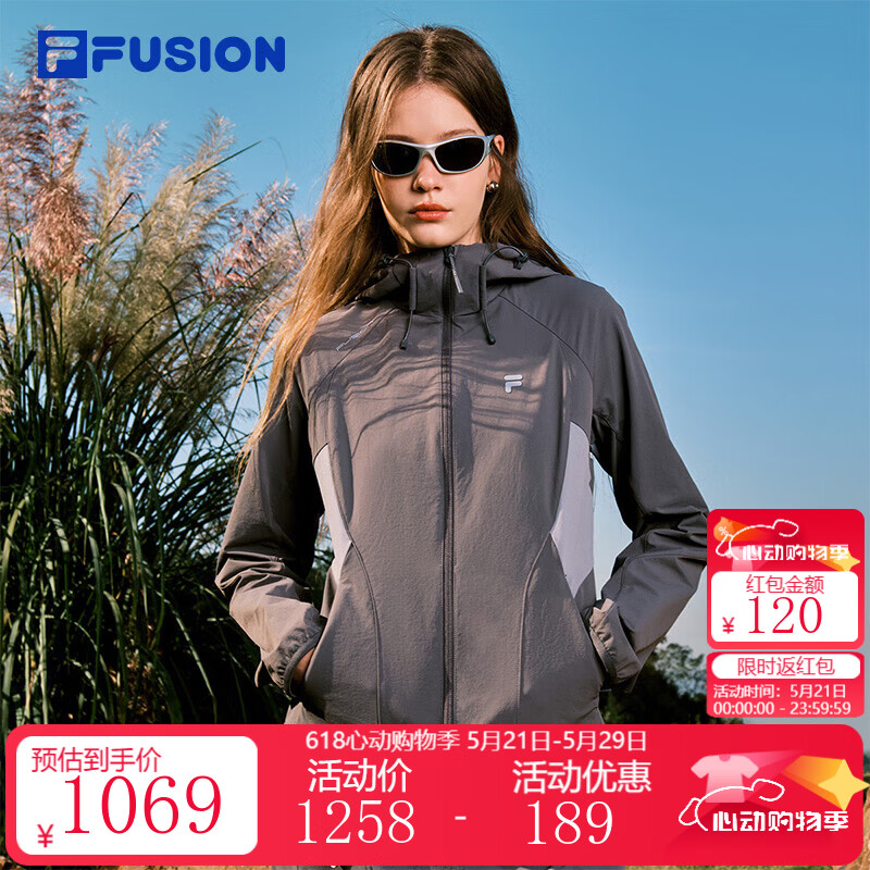 FILA FUSION斐乐潮牌梭织外套女2026春新款休闲拼色修身连帽上衣女 默魅灰-DY S 160/80A/S