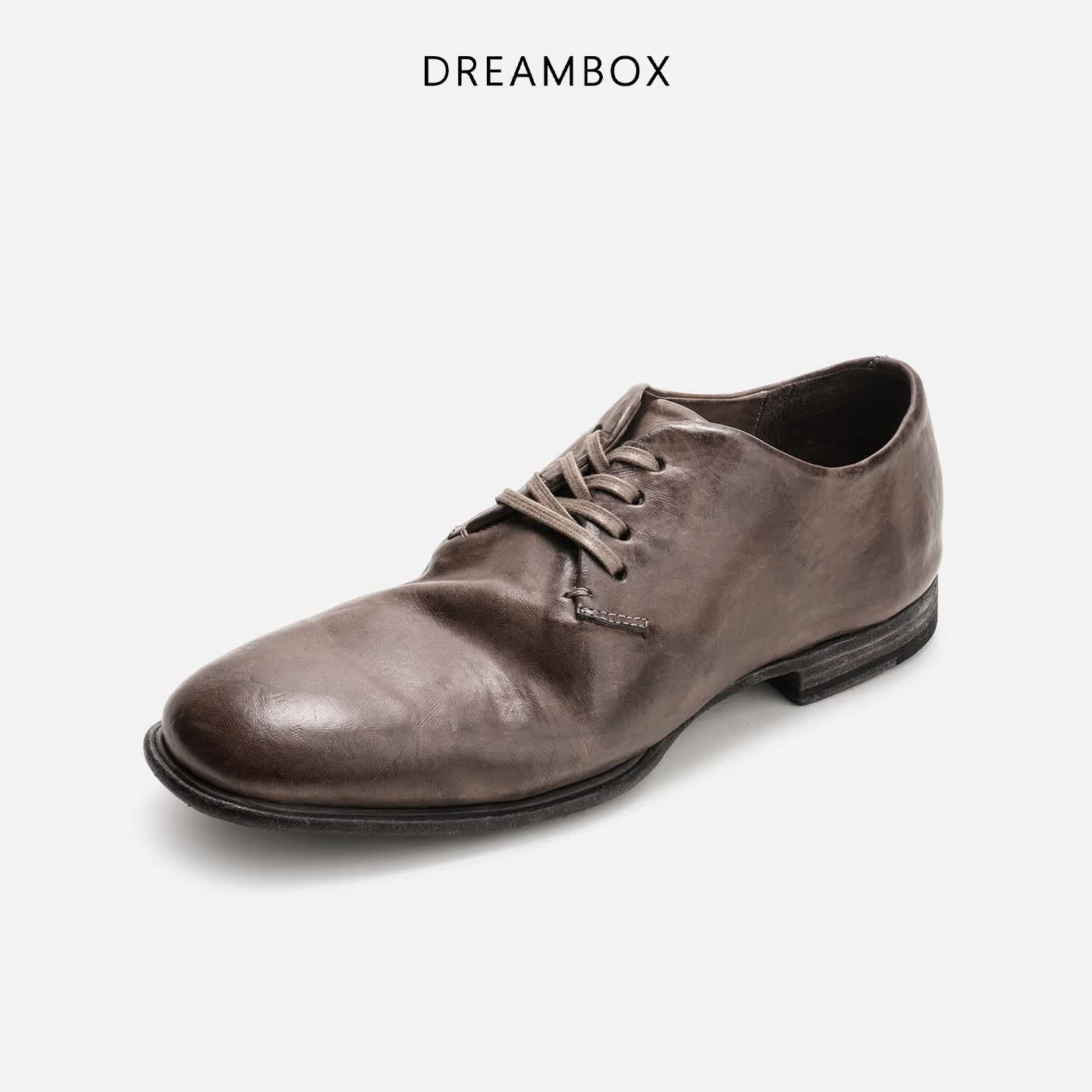 DREAMBOX钧博时尚男鞋水洗马皮极简风休闲皮鞋2026夏季薄款透气舒适德比鞋 熔岩灰 马皮款 41 男码