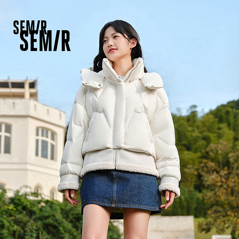 森马(Semir)羽绒服女设计感拼接假两件宽松时尚2024冬季新款连帽外套潮酷 本白(白鸭绒)10101 M