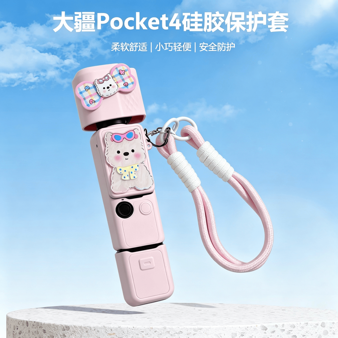 MPPMCK大疆保护壳pocket4保护套可爱西高地硅胶云台相机身防刮配件 粉色西高地小狗保护壳+编织绳+装饰+螺丝