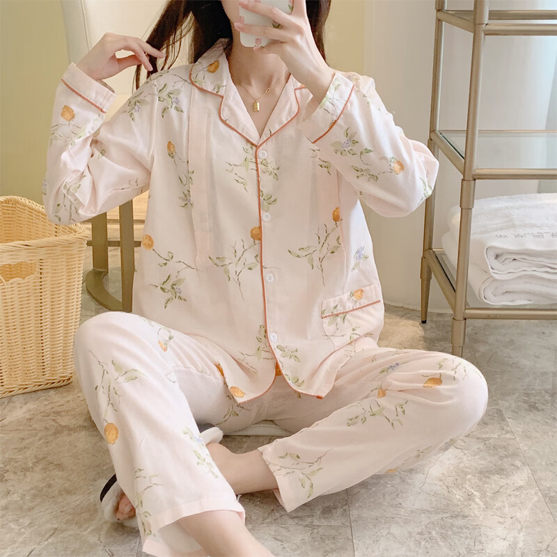 ROVO月子服孕妇睡衣套装纯棉可外穿产后哺乳衣夏季新款 浅粉色 L