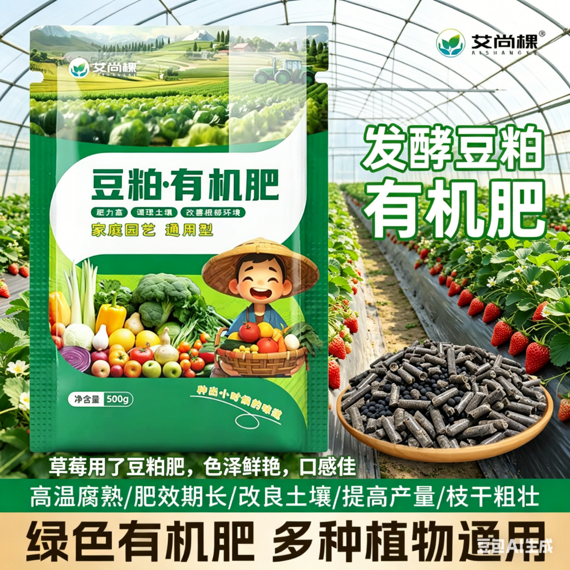 发酵纯豆粕有机肥花卉蔬菜果树用底肥改良土壤天然有机农家颗粒肥 500克5袋