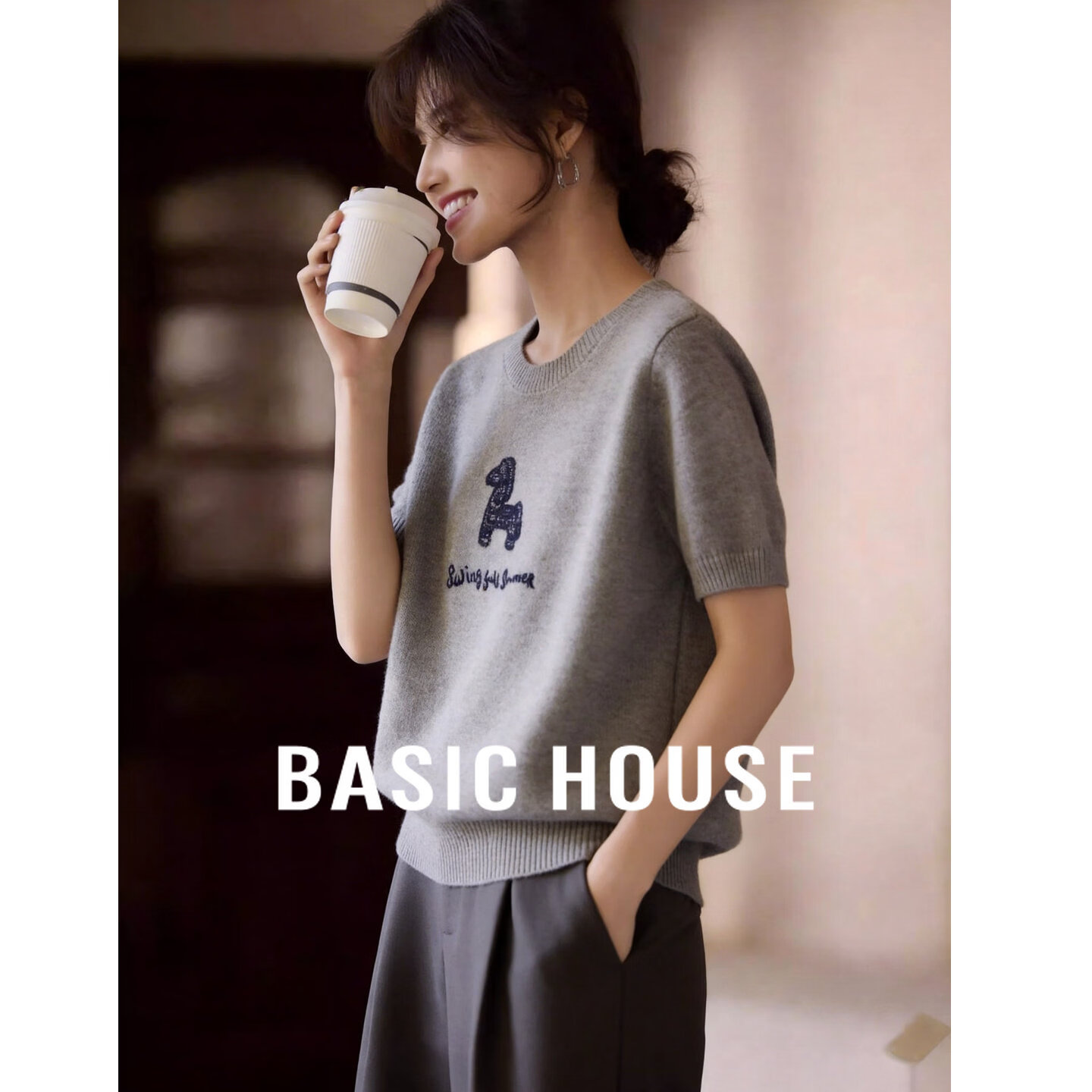 百家好（Basic House）高级感莱赛尔天丝刺绣小马设计针织衫女夏季新款减龄宽松显瘦上衣 灰色 L 115-130斤