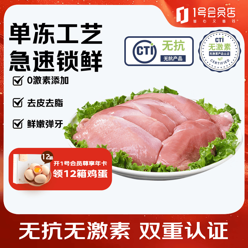 1号会员店（One's Member） 无抗去皮鸭胸 出口级品质 冷冻鸭脯肉烧烤健身食材生鲜 净重2斤
