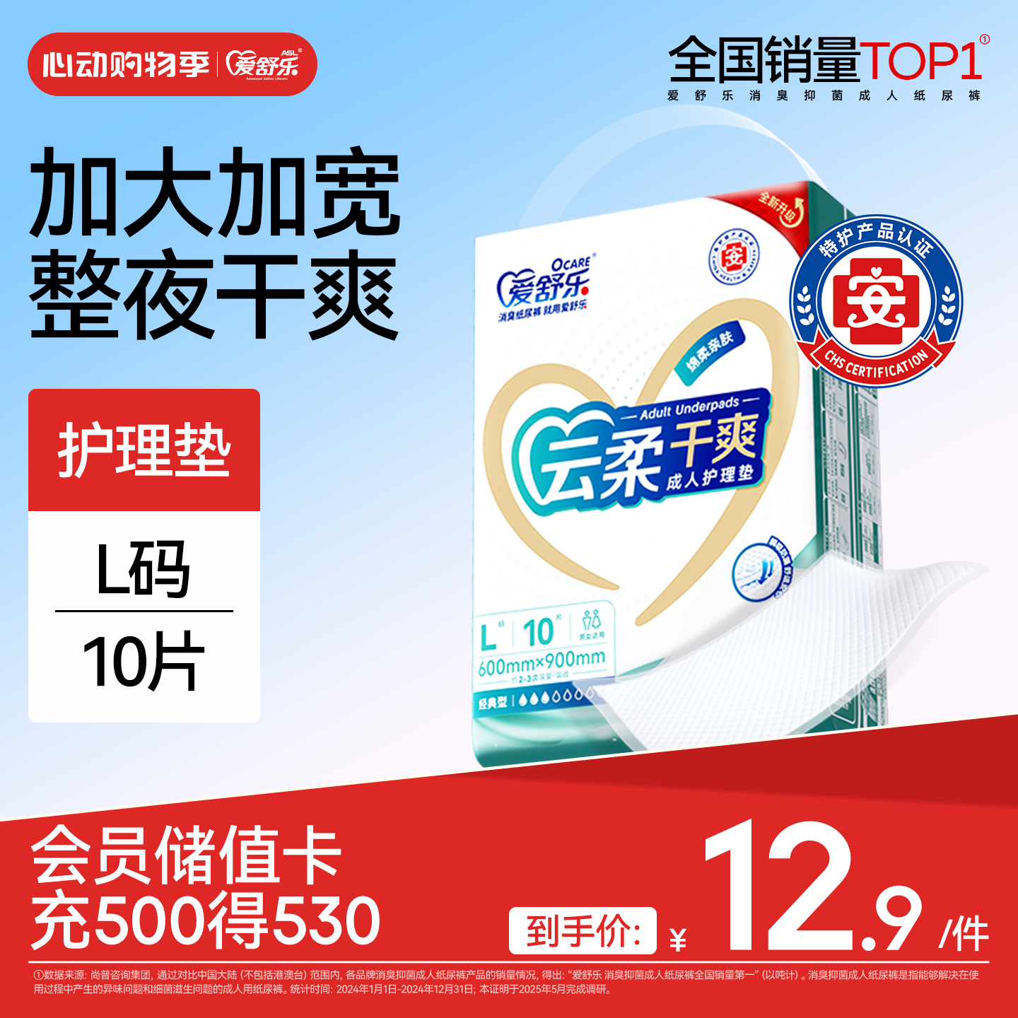 爱舒乐成人护理垫L10片(尺寸:60*90cm)云柔干爽老人隔尿垫孕妇产褥垫