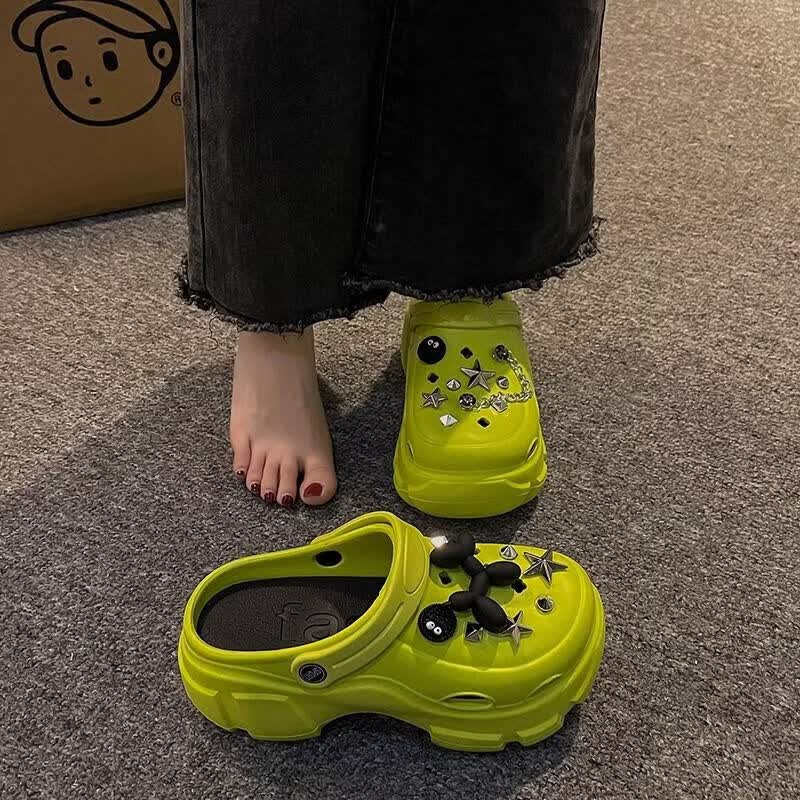 夏季ins潮厚底防滑小个子高跟洞洞鞋女外穿可爱链条沙滩包头凉鞋 绿色【纯色款】+7CM厚底 40-41 脚宽胖拍大一码