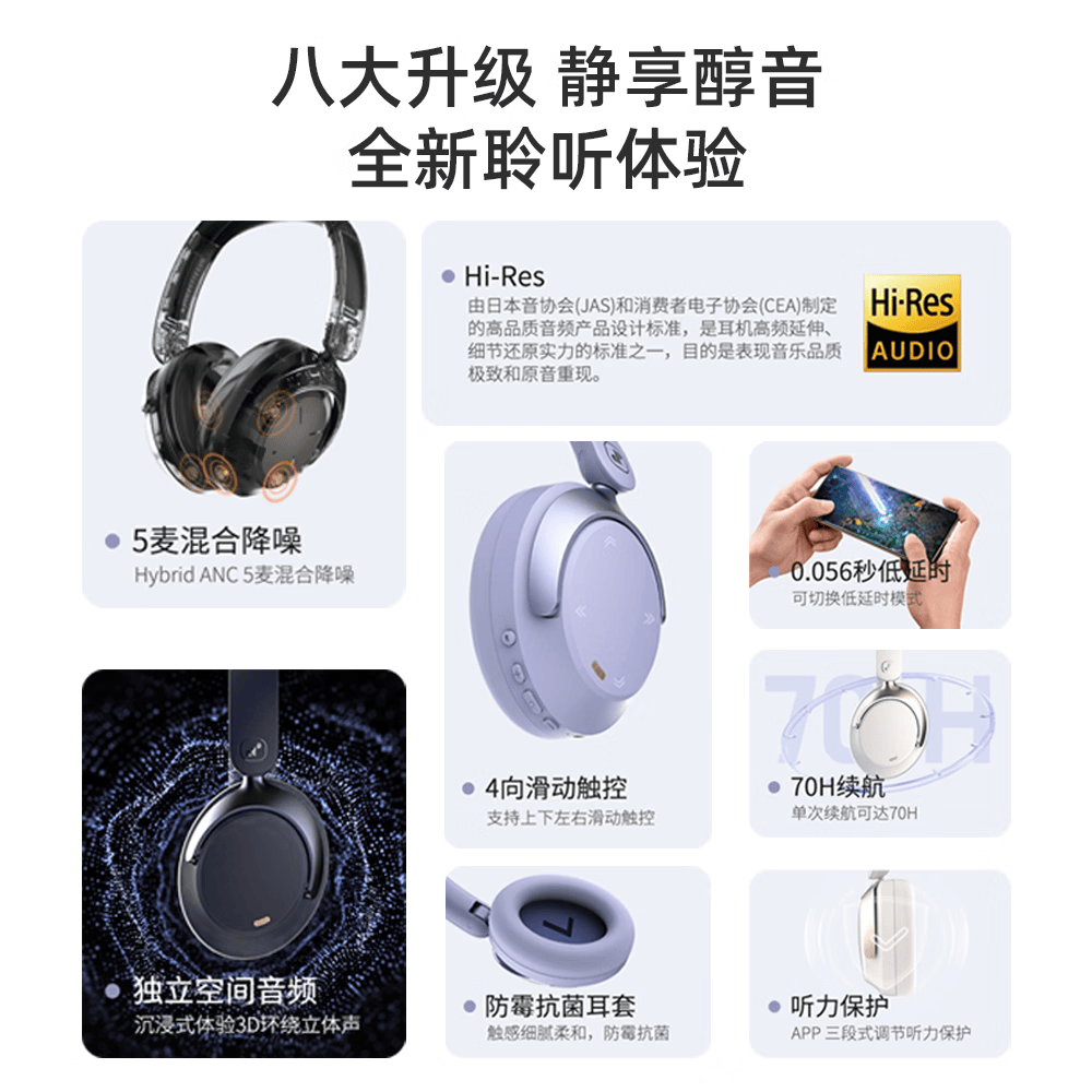 JSOULMate Pro无线混合降噪主动降噪头戴蓝牙耳机滑动触控低延时超长续航236g 科技灰【HI-Res金标+防霉抗菌+ANC降噪+70H续航】 JSOULMate Pro无线混合降噪主动降噪头戴蓝牙耳机滑动触控低延时超长续航236g 科技灰【HI-Res金标+防霉抗菌+ANC降噪+70H续航】