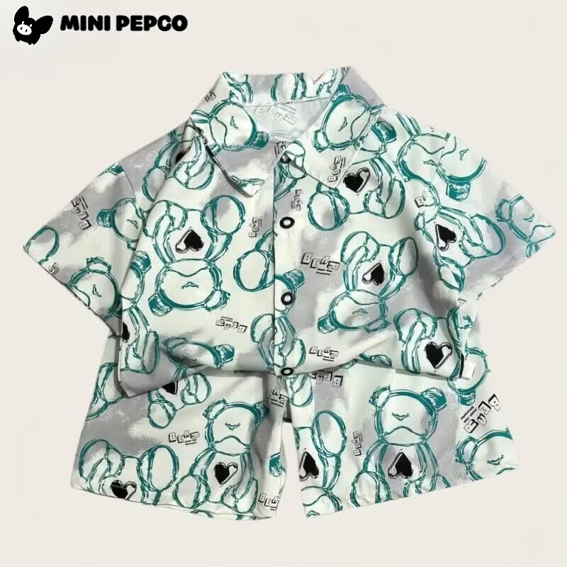 小猪班纳(PEPCO)儿童套装新款韩版短袖短裤衬衫两件套海滩 衬衣套装黑桃熊 100 cm