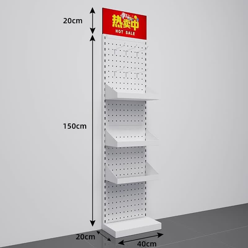 桉柄展架超市食品货架多层展示架洞洞板带挂钩置物架落地式便利店靠墙收纳 白色3层40*20*170cm【加厚碳钢】